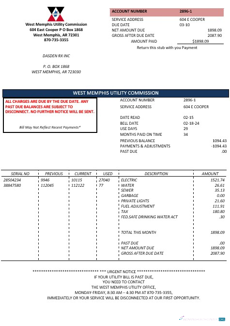 USA Arkansas West Memphis business utility bill template in Word and PDF formats